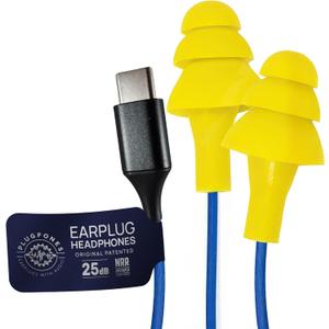 Plugfones Basic Earplug-Earbud Hybrid Earplug Headphones 25 dB Noise Reduction Rating Wired Noise Reducing Earphones Safety Earplugs for Work USB C Connector Yellow