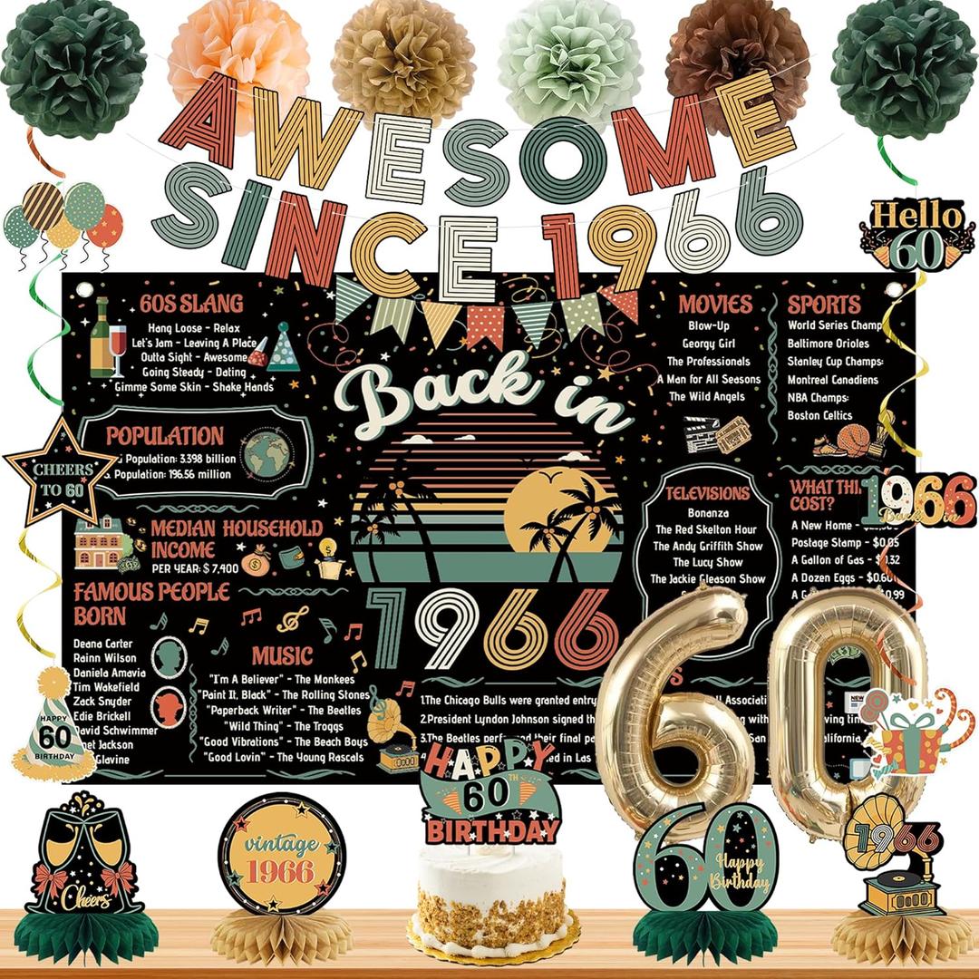Roetyce 60th Birthday Decorations Men Women, Colorful Vintage Back in 1966 Poster Cheers To 60 Years Banner Balloons Hanging Swirls Cake Topper, Black Awesome Since 1966 Photo Backdrop Background