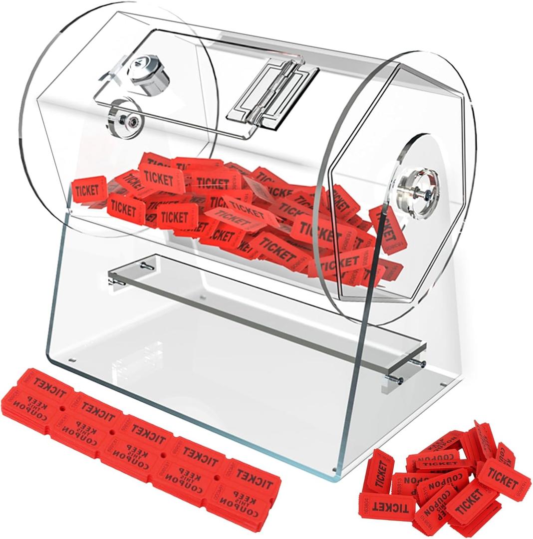 Raffle Drum, Acrylic Raffle Tickets Spinner Box with 200 Tickets, Transparent Raffle Box, Holds Approximately 2,000 Raffle Tickets, Clear Raffle Ticket Drum for Raffle, Bingo, Lottery, Balls, 10in (10x6.5x10.5 inches)