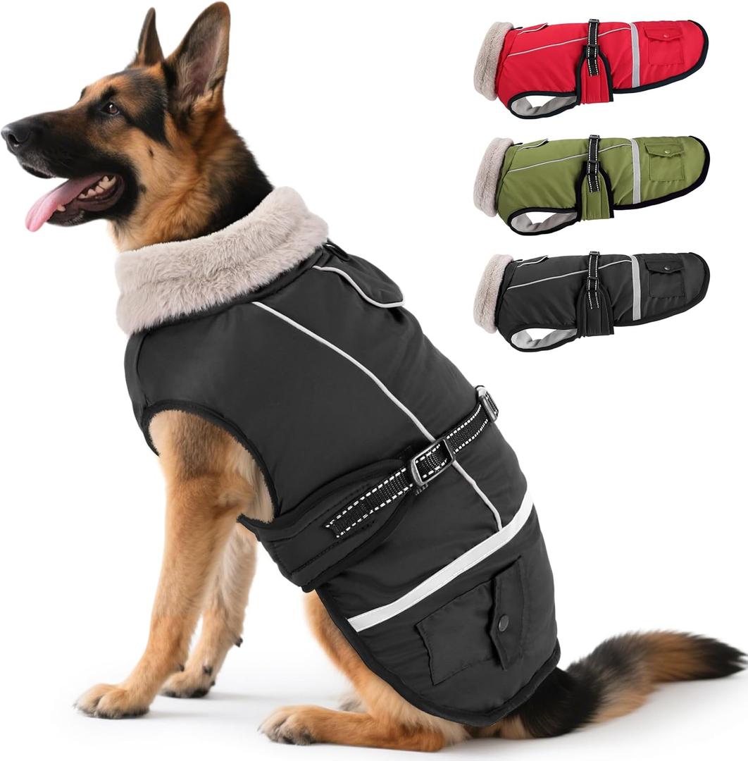Dog Coat, Warm Dog Winter Coat Reflective Jacket Waterproof Fleece Vest, Pet Jacket Cozy for Cold Weather, Dogs Snowsuit Windproof, Adjustable Buckle for Large Dogs (Black)