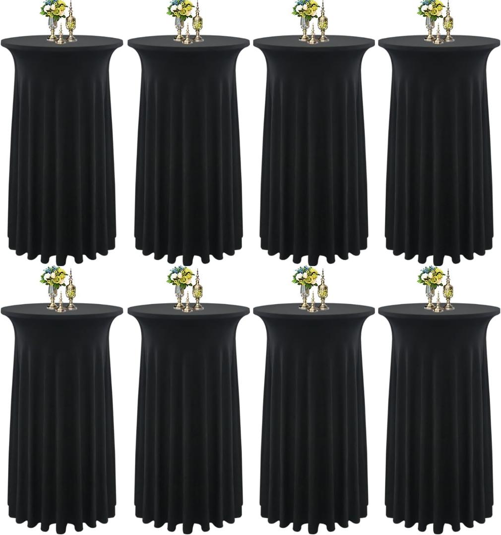 8-Pack 24"x43" Black Round Cocktail Table Skirts | Stretch Spandex Fitted Tablecloths | Stain-Resistant, Wrinkle-Resistant, and Machine Washable for Bars, Weddings, Parties, and Banquets