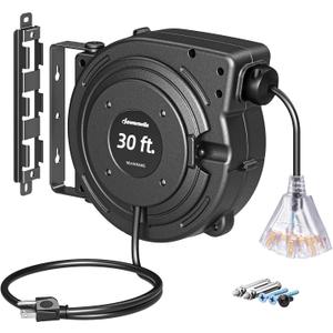 DEWENWILS 30FT Retractable Extension Cord Reel, 16/3C SJTW Heavy Duty Power Cord, Lighted Triple Outlets, 10A Circuit Breaker, Lightweight 180 Swivel Bracket, Ceiling/Wall Mount, ETL Listed, Black