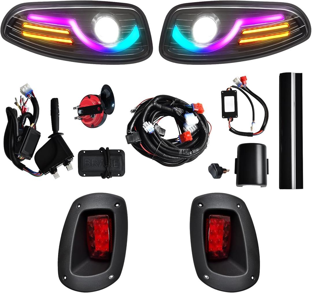 RGB LED Headlight & Turn Signal Kit for EZGO RXV 2008-2015, 12V Golf Cart Street Legal Light Kit with Brake Lights, Horn, Music Sync APP Control, Long-Lasting & Easy Install