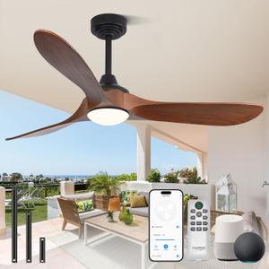 52 inch Outdoor Ceiling Fans with Lights,Smart Wood Ceiling Fan for Alexa,Google & APP Control,Indoor/Outdoor,3 Blades,3CCT Dimmable,Red Walnut,Downrod Mount for Patio Porch