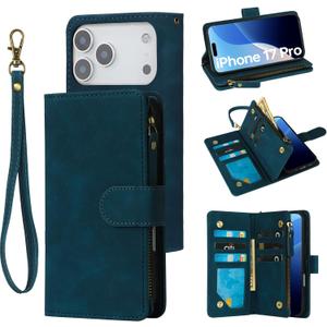 RANYOK Wallet Case Compatible with iPhone 17 Pro, 6 Card Holder with RFID Blocking, PU Leather Zipper Flip Wallet Pocket, Kickstand, Wrist Strap | Protective Phone Cover for 17 Pro, Blue