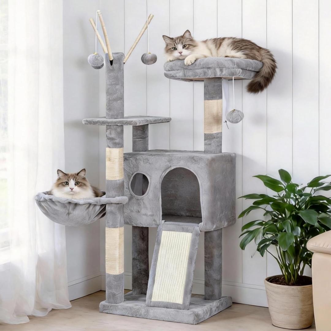 Hey-brother Cat Tree Tower, Scratching Posts with Removable Toys, Cozy Condo, Platform, Hammock, Sisal Scratch Board and Ball for Indoor Kittens, 41.3 Inches, Light Gray MPJ008SW