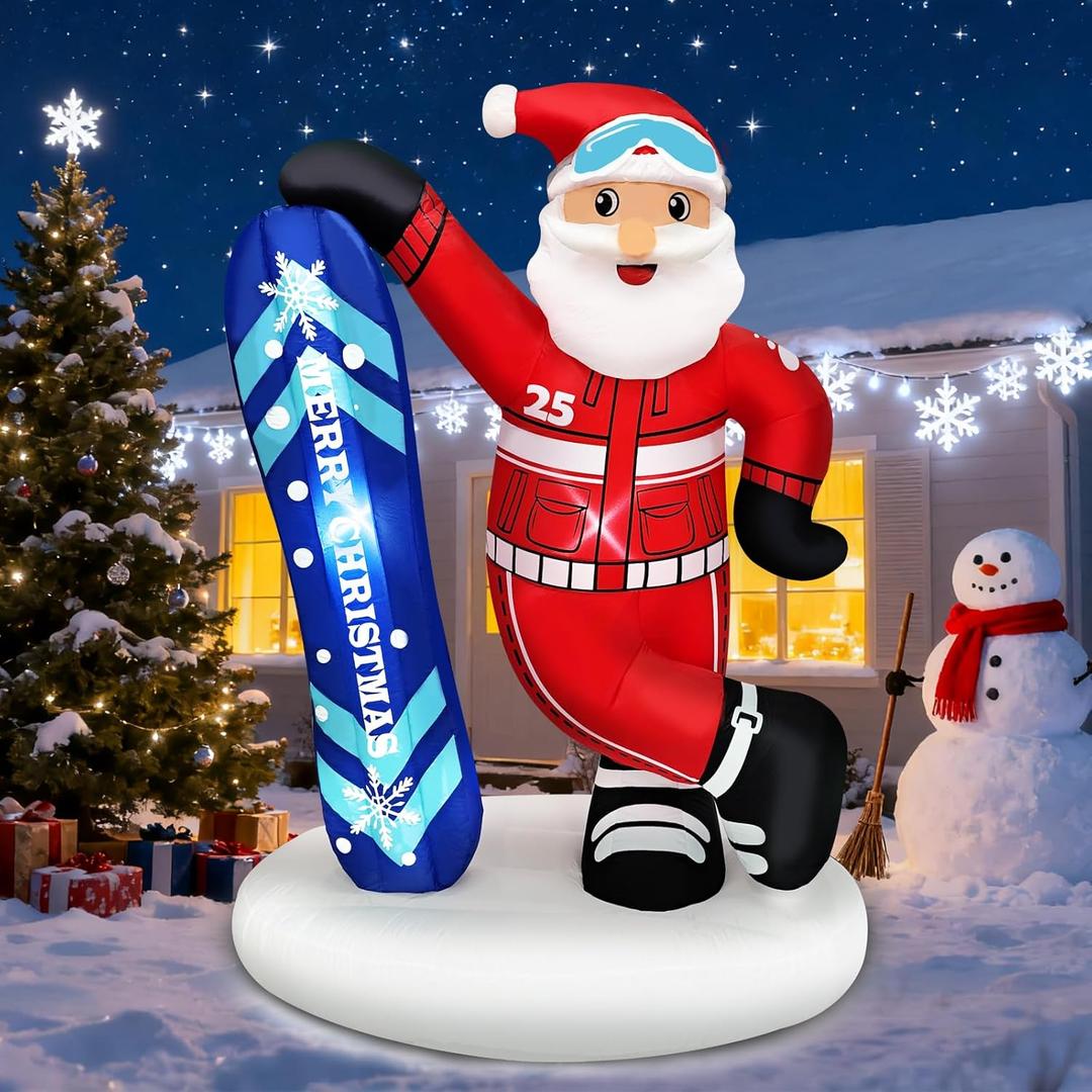 7FT Christmas Inflatable Outdoor Decoration Blow Up Santa Claus Takes Snowboard with Merry Christmas Inflate Xmas Decor Lawn Winter Sports Fans LEDs for Holiday Party Garden Yard Patio Dcor