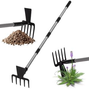 Walensee Hoe Garden Tool, 63 Inch Garden Hoe with Adjustable Long Handle for Weeding, 5-Tines Hoe Cultivator 2 in 1 Hand Garde Tools for Yard Lawn Planting Gardening Digging