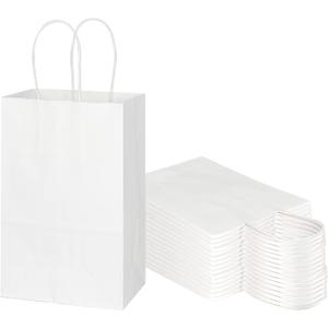 Toovip 50 Pack 5.25x3.25x8.25 Inch Small White Kraft Paper Bags with Handles Bulk, Gift Wrap Bags for Favor Grocery Retail Party Birthday Shopping Business Goody Craft Merchandise Take Out Cub Sacks