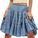 Wyeysyt Womens Summer Pleated Skirts Boho Layered Tiered Cotton Flowy Skirt Knee Length Beach Vacation A-Line Skirt (Medium, Blue)