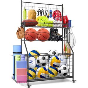 Sports Equipment Organizer,Garage Ball Storage Rack with Basketball Rack with Hooks and Rolling Wheels Cart (BLACK)