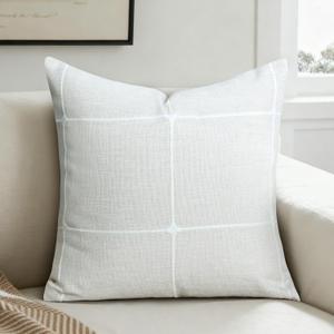 Embroidery Throw Pillow Covers 18x18 Inch Set of 1, Neutral Farmhouse Faux Linen Decorative Pillow Cover with Grid Textured Accent Pillowcase for Couch Sofa Living Room Home Decor, Beige (White Plaid)