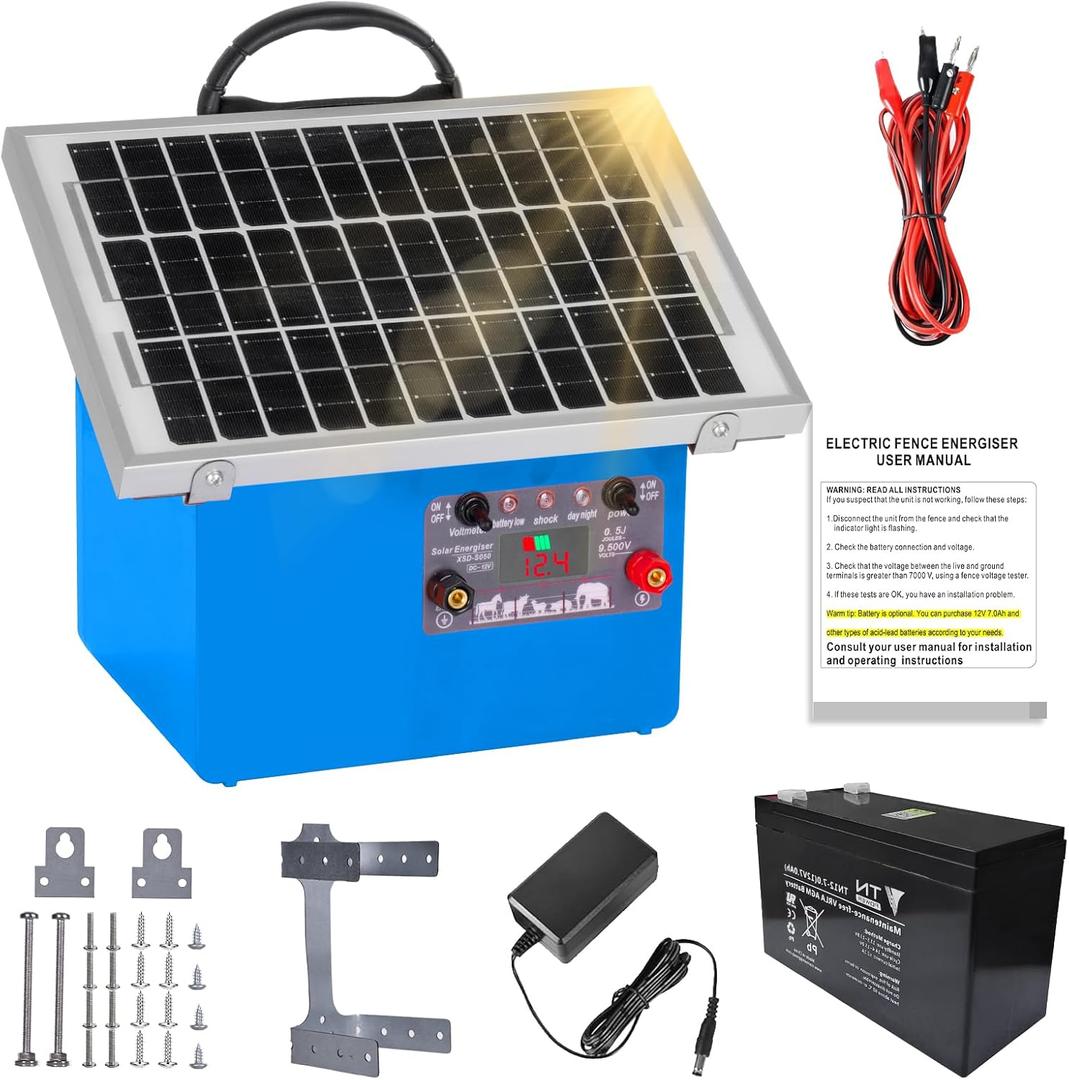 20 Miles Solar Electric Fence Charger,Auto-Adjusting Electric Output Voltage,0.5 Joule Electric Fence Energizer with 7.5W Solar Panel/7Ah Battery,for Livestock,Cattle,Raccoon, Deer,Goat.