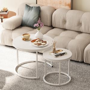 Nesting Coffee Table, 23.6" Round Coffee Table Set of 2, Wooden Nesting Table Set with Metal Frame, Side Tables for Living Room Bedroom Balcony, White, 23.6 inches x 23.6 inches x 17.7 inches