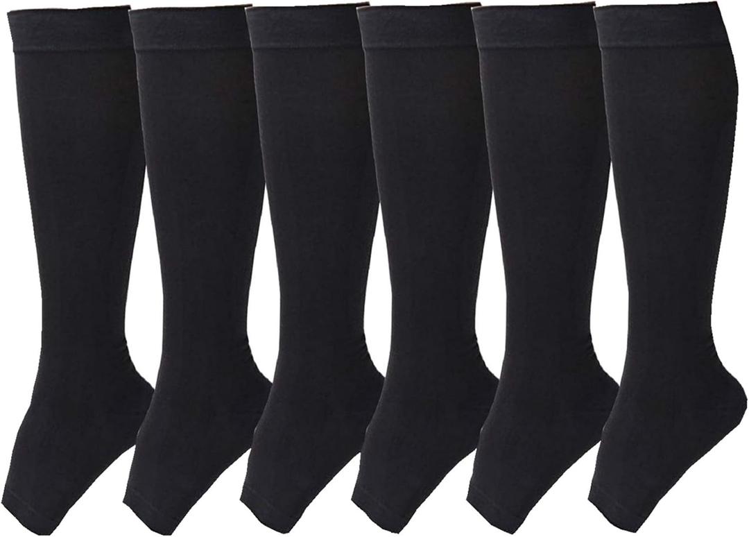 Open Toe Toeless Compression Socks 6 Pairs for Women Men 15-20 mmHg Calf Support Compression Sleeve (S/M, Black)