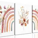 AKWISH Boho Rainbow Wall Art for Girls Room - Set of 3 Framed Wildflower Canvas Prints for Nursery, Baby Girl Room, Kids or Dorm Decor - Soft Pastel Botanical Bohemian Wall Decor 16x24in