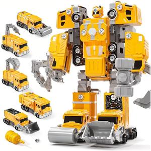 Transforming Robot Construction Vehicles Sets for Toddlers, 5 in 1 Magnetic Transforming Truck & Car Combiner - Easy DIY Assembly Educational STEM Gift for Kids 3-5 Year Old Boys Girls (Yellow)