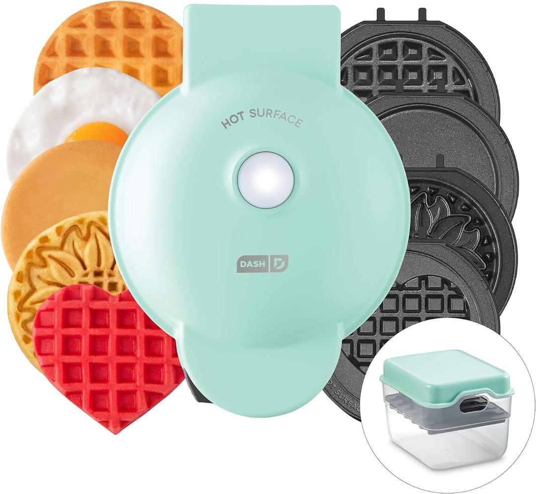 DASH Multimaker Mini System - Waffle Maker with Six 4 Removable Plates & Storage Case: Waffle Iron & Griddle, 4-in-1 Mini Waffle Maker for Kids and Families  Nonstick Surface, Just Add Batter (Aqua)