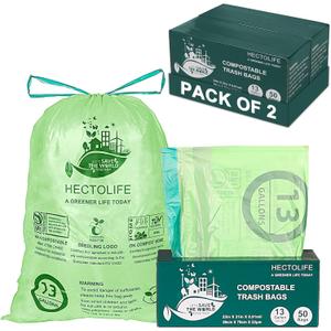 13 Gallon,100 Count, Compostable Trash Bags with Drawstring,Tear Resistant Kitchen Food Scrap Waste Bag, ASTM D6400, US BPI and Europe OK Compost Home Certified (50 Count (Pack of 2))