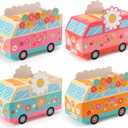 ANGOLIO 12Pcs Groovy Party Favor Boxes Groovy Hippie Peace Bus Centerpiece Birthday Party Decorations Peace Signs Daisies Rainbows for Baby Girls Kids Boho Hippie Birthday Decoration Supplies