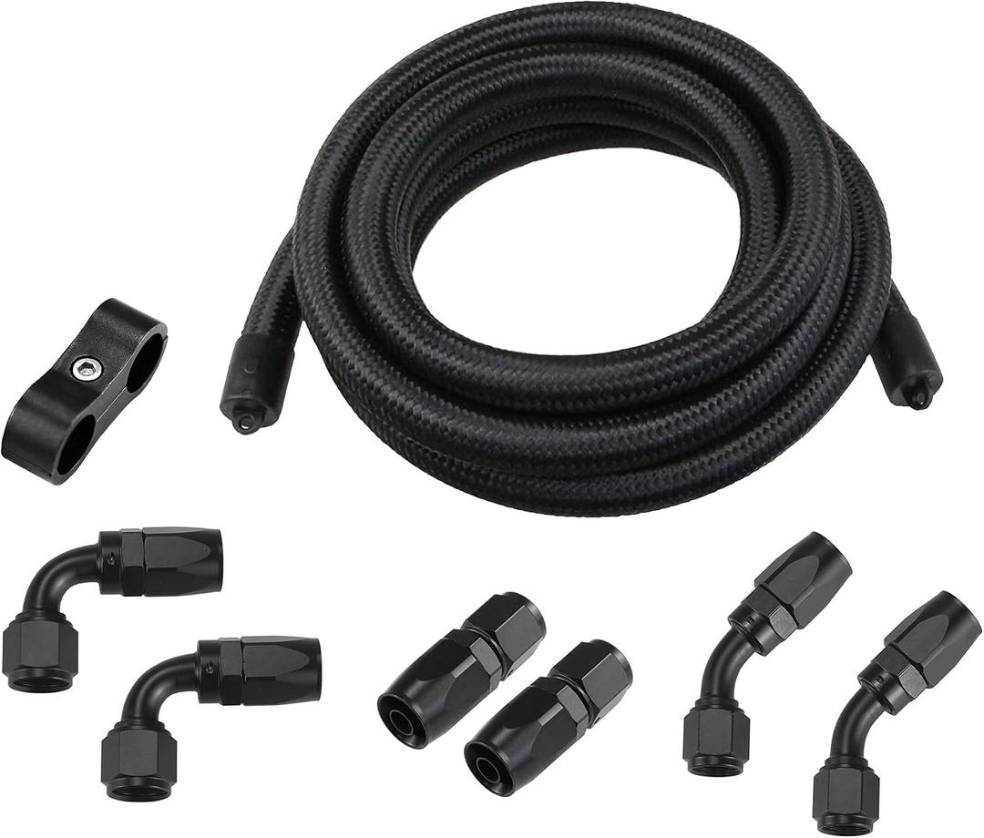 Ucreative 8AN CPE Fuel Hose Line Fitting Kit AN8 Nylon Braided Fuel Hose 10FT Black ID: 0.43 inch (11mm)