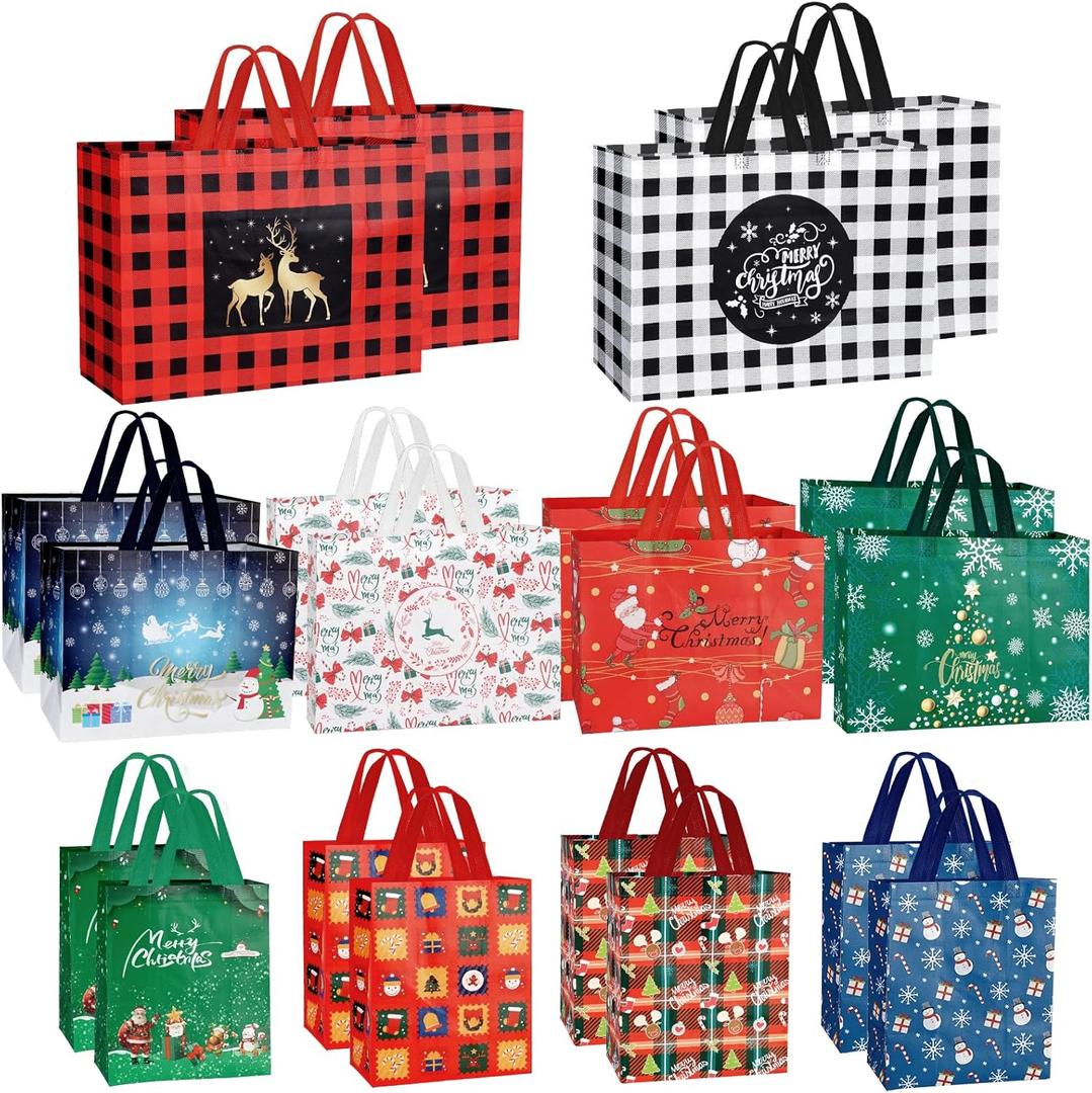 Js2U ZW Christmas Gift Bags, Big&Medium&Small Reusable Tote Bags, NonWove Bags for New Year's Shopping, Christmas Surprise, Xmas Party Supplies, 22Pcs