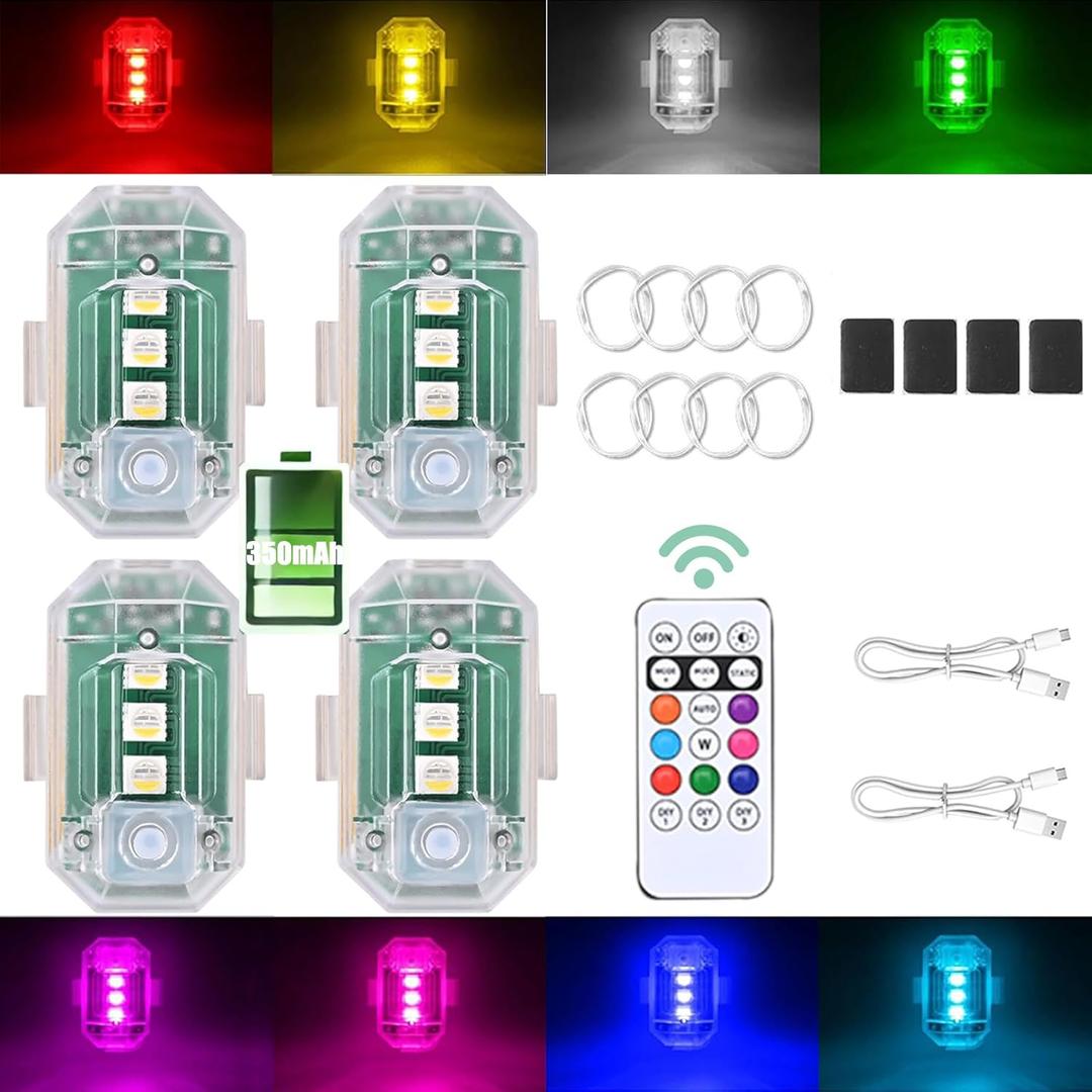 4PCS Wireless LED Strobe Lights with Remote Control, Upgraded to 350 mAh USB Rechargeable 8-Color High Brightness Waterproof Anti-Collision Warning Lights for Car, Motorcycle, Drone, Truck, Bike