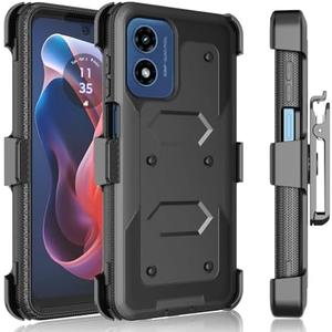 Tekcoo Holster Case for Motorola Moto G Play 2024 | 4G Only | XT2413 [Tshell] Shock Absorbing [Built-in Screen Protector] [Kickstand Locking Belt Clip] Carrying Swivel Defender Full Body Cover - Black