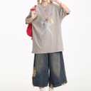 Oversize Star Print Tees Vintage Washed Graphic T Shirts Short Sleeve Y2K 90S Summer Unisex Streetwear Tops (L)
