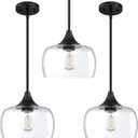 3 Pack 1 Light Hanging Indoor Kitchen Island Pendant Ceiling Light 9" Drum Clear Seeded Glass Shade Fixture,Black Finish Modern Farmhouse Dinning Over Sink Adjustable Rod