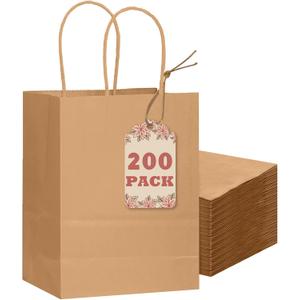 qiqee 200-Packs Brown Paper Gift Bags with Handles Bulk 8.3"x6"x3.15" Small Size Paper Bags Multiple Uses