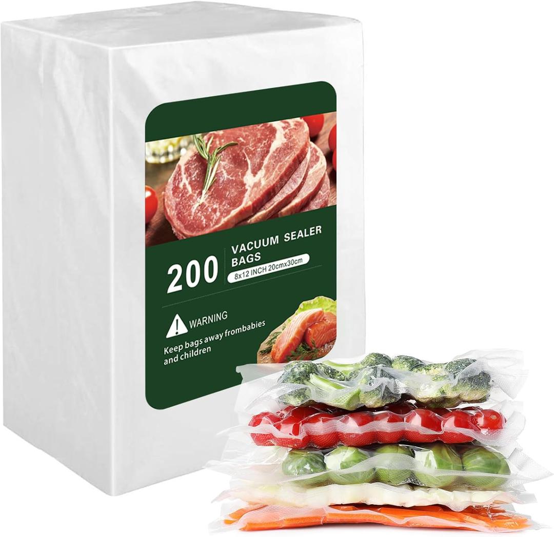 Vacuum Sealer Bags for Food - 200 Quart 8'' x 12'' Pre-Cut Food Saver Bags Quart Size, Heavy Duty Vacuum Bags for Food, BPA Free Vacuum Seal Bags for Freezer Storage, Seal a Meal or Sous Vide