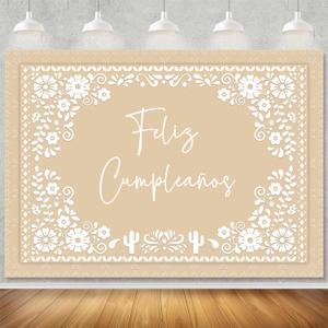InMemory Beige Feliz Cumpleaos Backdrop Mexican White Floral Flower Cactus Banner Photography Background for Birthday Party Mexico Fiesta Cinco De Mayo Decorations 6x4ft