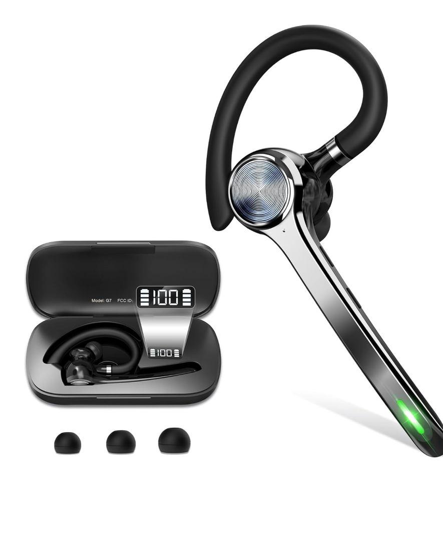 Bluetooth Headset, Wireless Bluetooth Earpiece with 500mAh Charging Case 72 Hours Talking Time Built-in Microphone for iOS Android Cell Phone, V5.1 Hand-Free Headphones for Trucker, Office