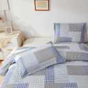 Plaid Ultra Lightweight Quilt Set Queen Size (90"x90") Blue Gray White Stripes Checkered Pattern Coverlet Bedding Sets Tartan Grid Reversible Bed Cover Sets for All Season Use,1 Quilt, 2 Pillow Shams