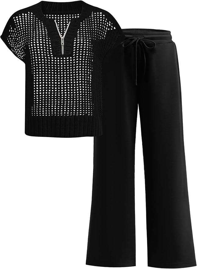ANRABESS Womens 2 Piece Outfits Crochet Knit Half Zip Sweater Top Wide Leg Pants Summer Lounge Matching Sets Travel Clothes
 XL