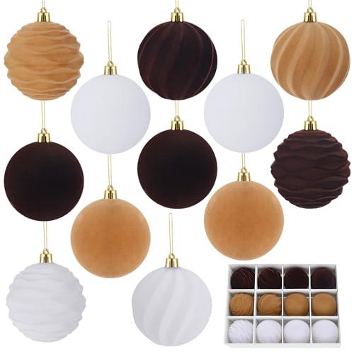 12Pcs 3.15Inch Brown Velvet Christmas Tree Ornaments Multicolor Flocked Shatterproof Christmas Balls for Xmas Trees Hanging Decorations