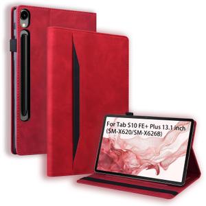 Flip Case for Samsung Galaxy Tab S10 FE+ Plus 2025 13.1 inch, PU Leather Stand Soft Back Smart Auto Wake/Sleep Cover,Adjustable Stand Shell w/Card Slots/Pen Holder/Front Pocket - Red