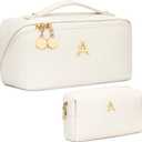 CLOUDWINGS Valentine's Day Gifts for Women Teen Girl, Personalized Initial Makeup Organizer Bag Set, Open Flat Travel Cosmetic Bag With Clear Divider and Handle (Beige, A)