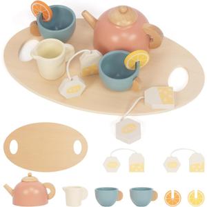 Wooden Tea Sets for Toddlers 3-5, Girl Chrismas Birthday Gift 3 Year Old Princess Party, Wooden Play Food Toy Sets for Kids Kitchen Accessories