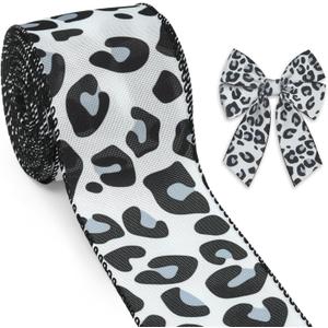 Threetols Leopard Print Wired Edge Ribbons 2.5" 10 Yards Natural Gray Decor Wrapping Ribbon Animal Print Burlap Fabric Craft Ribbon for Christmas Holiday DIY Craft Wreath Bow Decor