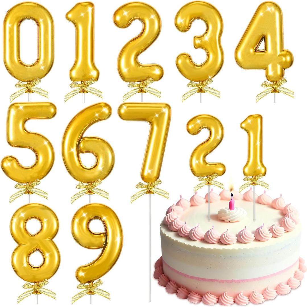 10pcs 3D Gold Number Cake Toppers 0-9 Happy Birthday Party Cake Decorations on Stick for 1st 16th 21st 30th 40th 50th Birthday Wedding Anniversary Party Supplies Decorations