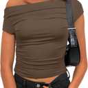 Darong Women's Summer Cap Sleeve Boat Neck Off Shoulder Top Going Out Slim Fit Tops Y2K Tight Shirts, Large