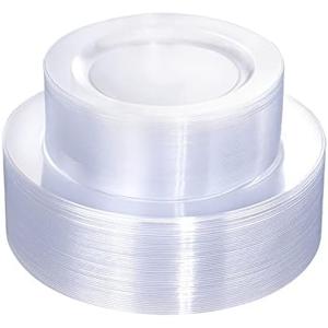 FLOWERCAT 100PCS Clear Plastic Plates - Heavy Duty Clear Disposable Plates for Party/Wedding/Christmas - Include 10.25inch & 7.5inch Dinner/Dessert Plates for 50guests