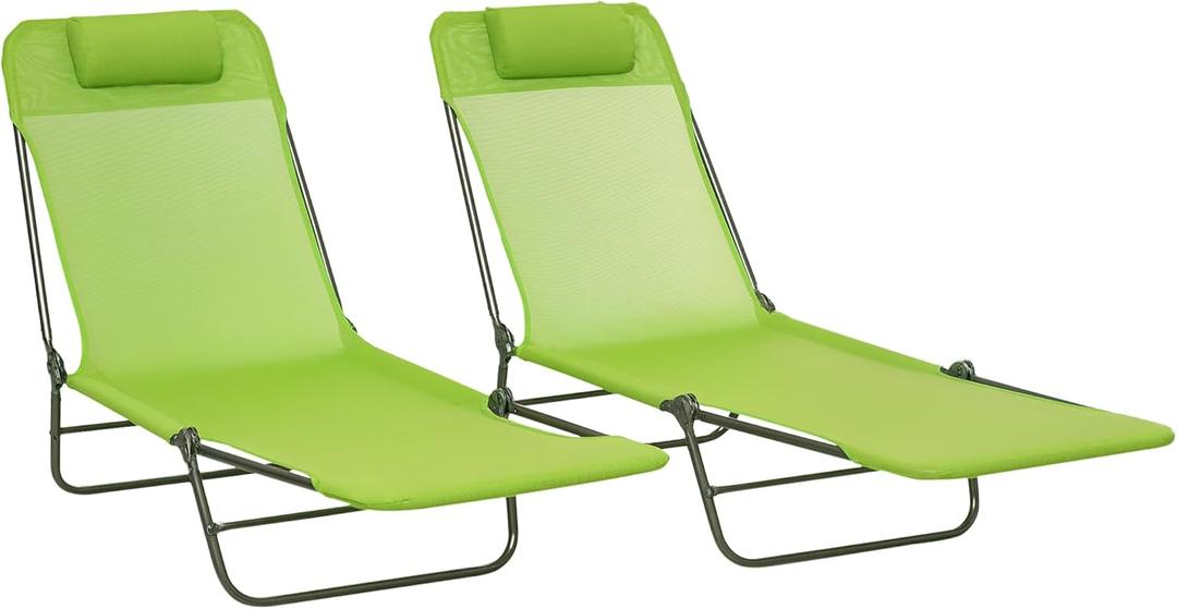 Outsunny 2 Piece Folding Chaise Lounge Chairs, Pool Sun Tanning Chairs with Reclining Back, Breathable Mesh Seat, Headrest for Beach, Yard, Patio, Green