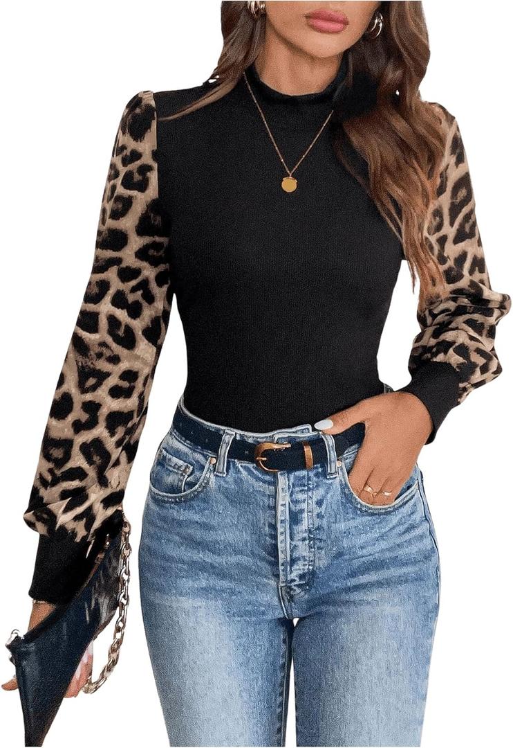 MakeMeChic Women's Leopard Print Long Sleeve Mock Neck Slim Fit Blouse Casual Shirt Tops (Medium, Black)