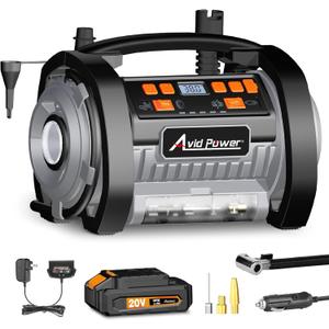 Avid Power Tire Inflator Portable Air Compressor w/ 20V 2000mAh Battery and 12V Car Adapter, for Inflation and Deflation