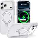 Magnetic Compatible with iPhone 17 Pro Case with Stand [Military Grade Drop Tested][Compatible with Magnet] Ring Translucent Slim Hard Back Soft Edge, Frost White
