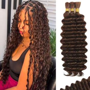 100 Percent Human Boho Braiding Hair Deep Wave Bulk Boho Hair for Braiding Curly Bundles Human Hair for Boho Braids Wet and Wavy Braiding Hair Extension No Weft (24inch,#4 Natural Brown)