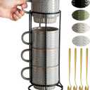 Coffee Mugs Set of 4 with Spoons & Stand, Stackable Espresso Cups 13oz Coffee Mug for Drinks Latte Cappuccino Tea, Coffee Cup for Women Men Couples Housewarming Birthday Gift, Dishwasher Safe (Gray)